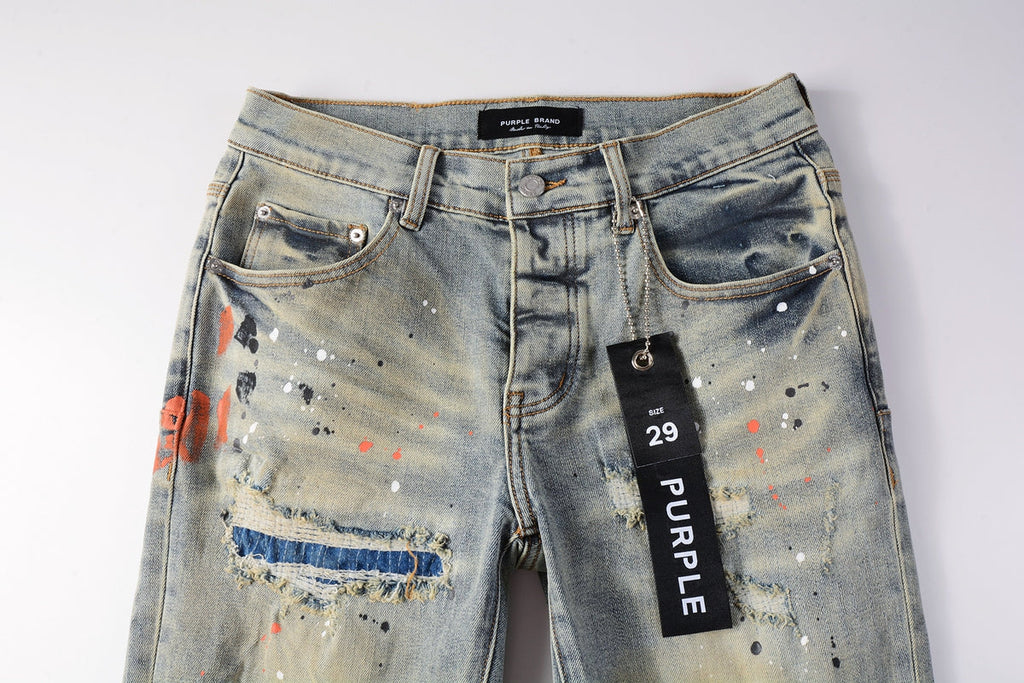 PURPLE  Men Streetwear Skinny Jeans Light Gray Wash with Multi-Color Paint Splatter and Distressed Patches 9071