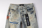 PURPLE  Men Streetwear Skinny Jeans Light Gray Wash with Multi-Color Paint Splatter and Distressed Patches 9071