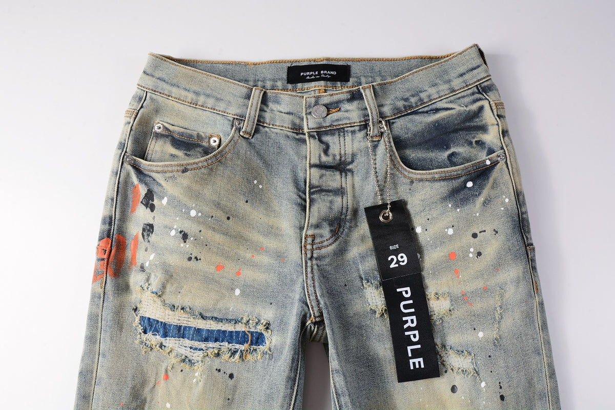 PURPLE  Men Streetwear Skinny Jeans Light Gray Wash with Multi-Color Paint Splatter and Distressed Patches 9071