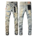 PURPLE  Men Streetwear Skinny Jeans Light Gray Wash with Multi-Color Paint Splatter and Distressed Patches 9071