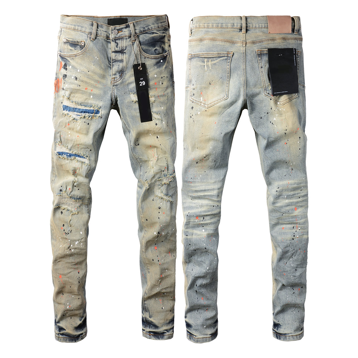 PURPLE  Men Streetwear Skinny Jeans Light Gray Wash with Multi-Color Paint Splatter and Distressed Patches 9071