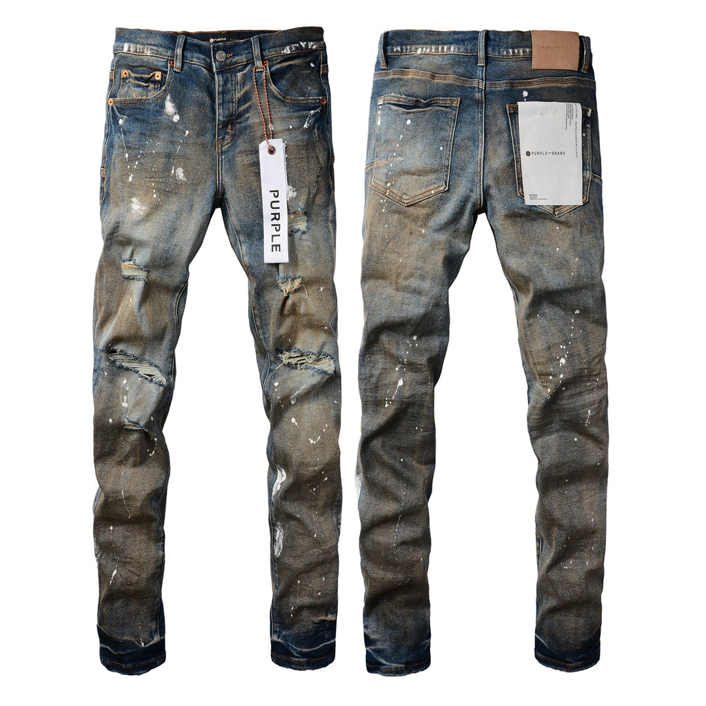 PURPLE   Men Streetwear Skinny Jeans Light Blue Wash with Distressed Rips and White Paint Splatter 9012