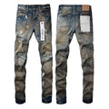 PURPLE   Men Streetwear Skinny Jeans Light Blue Wash with Distressed Rips and White Paint Splatter 9012