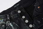 PURPLE  Men Streetwear Skinny Jeans Black Wash with Colorful Graffiti Paint Splash 9078