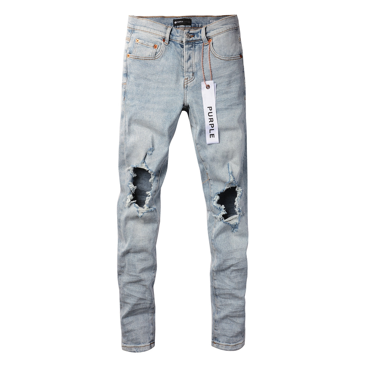 PURPLE   Men Streetwear Skinny Jeans Light Blue Wash with Knee Ripped Details and Black Lining 9010