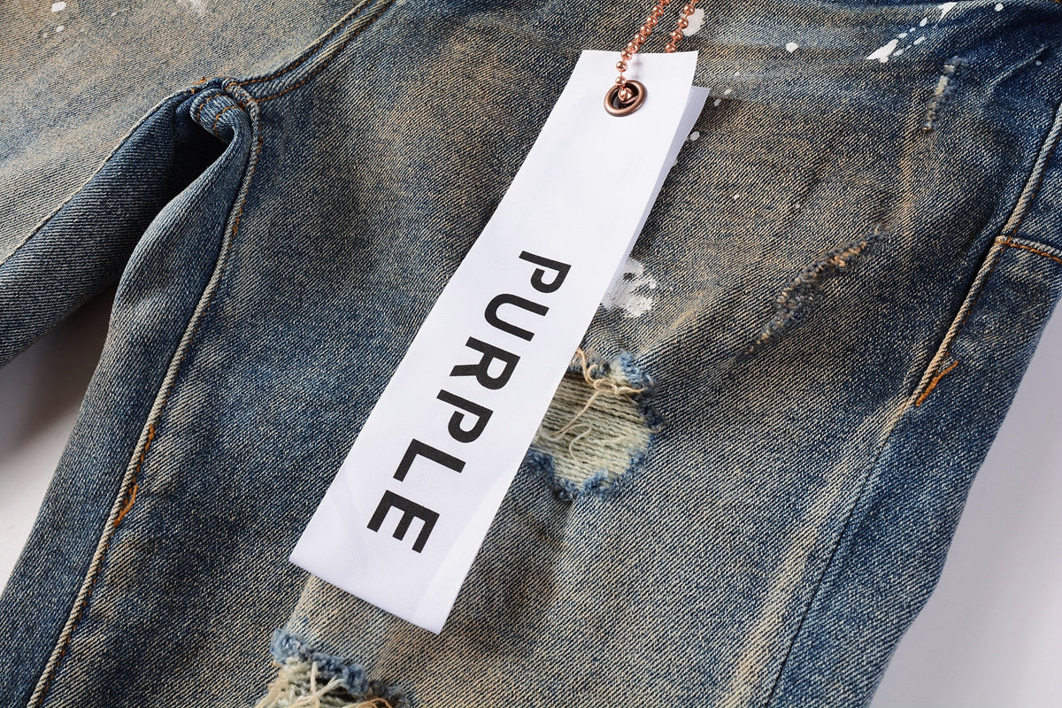 PURPLE   Men Streetwear Skinny Jeans Light Blue Wash with Distressed Rips and White Paint Splatter 9012