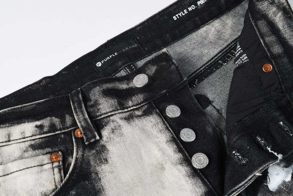 PURPLE  Men Streetwear Skinny Jeans Black and White Graffiti Wash with Multi Color Paint Splash 9111