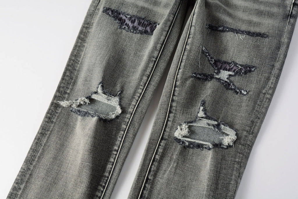 PURPLE  Men Classic Streetwear Jeans Distressed Black Grey Ripped skinny 9068
