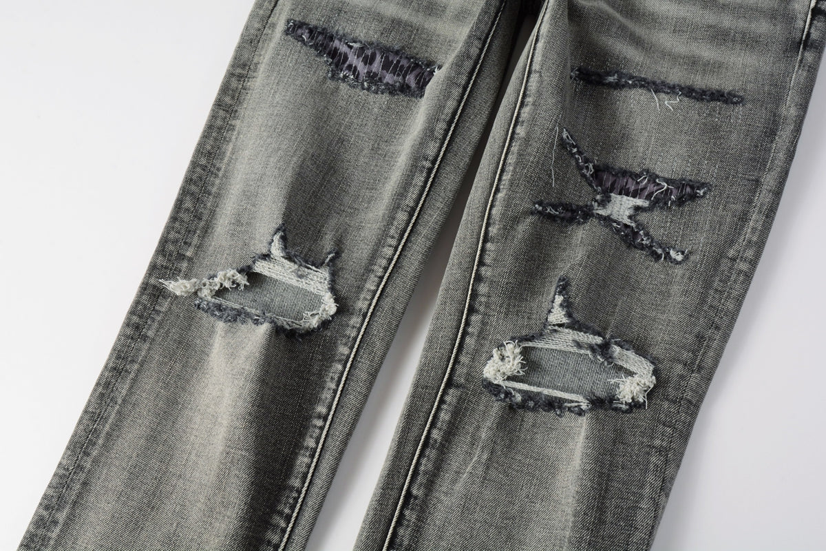 PURPLE  Men Classic Streetwear Jeans Distressed Black Grey Ripped skinny 9068