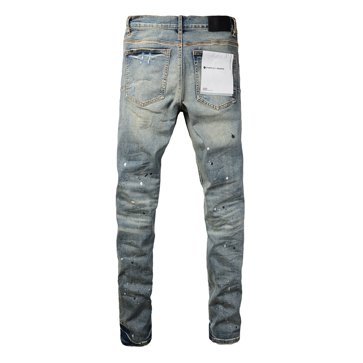 PURPLE  Men Streetwear Skinny Jeans Light Blue Wash with Blue Patched Rips and White Paint Splatter 9050-1