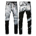 PURPLE  Men Streetwear Skinny Jeans Black and White Graffiti Wash with Multi - Color Paint Accents 9020