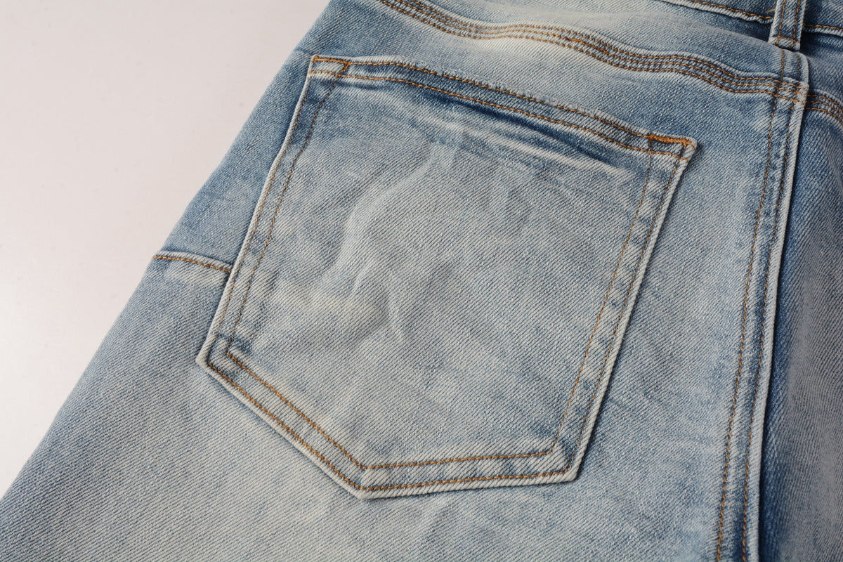 PURPLE  Men Streetwear Skinny Jeans Light Blue Wash with Faded Gradient Finish 9016