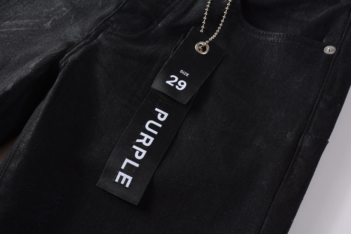 PURPLE  Men Streetwear Skinny Jeans Black Wash with Subtle Sheen and Tag Accent 9082