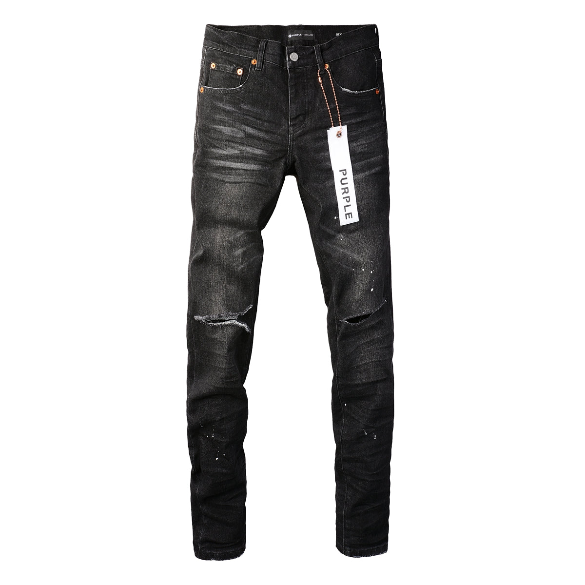 PURPLE   Men Streetwear Skinny Jeans Black Wash with Knee Rips and White Paint Specks 9035