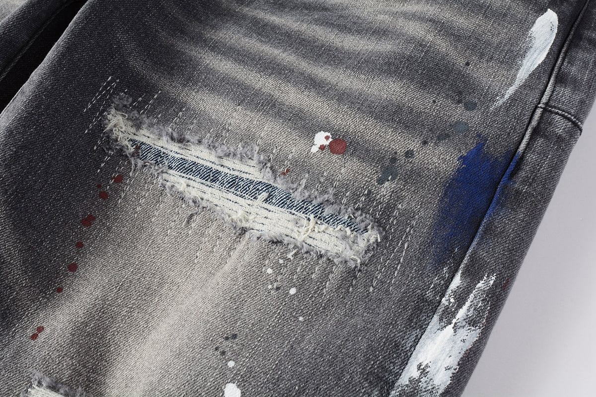 PURPLE  Men Streetwear Distressed Grey Skinny Jeanswith Color Paint Splatter and Knee Rips 9107