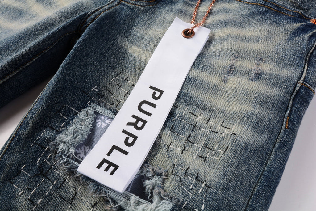 PURPLE  Men Streetwear Jeans Distressed Blue PatchPaint skinny Fit 9025