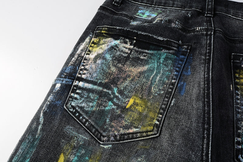 PURPLE  Men Streetwear Skinny Jeans Black Wash with Colorful Graffiti Paint Splash 9078