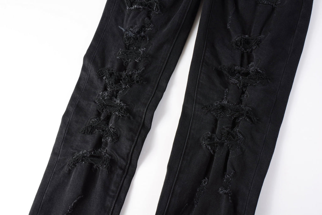 PURPLE  Men Distressed Black Skinny Jeans with Heavy Ripped Design and Grunge Streetwear Vibe 9108