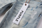 PURPLE  Men Streetwear Skinny Jeans Light Blue Wash with White Paint Splatter and Subtle Distress 9006