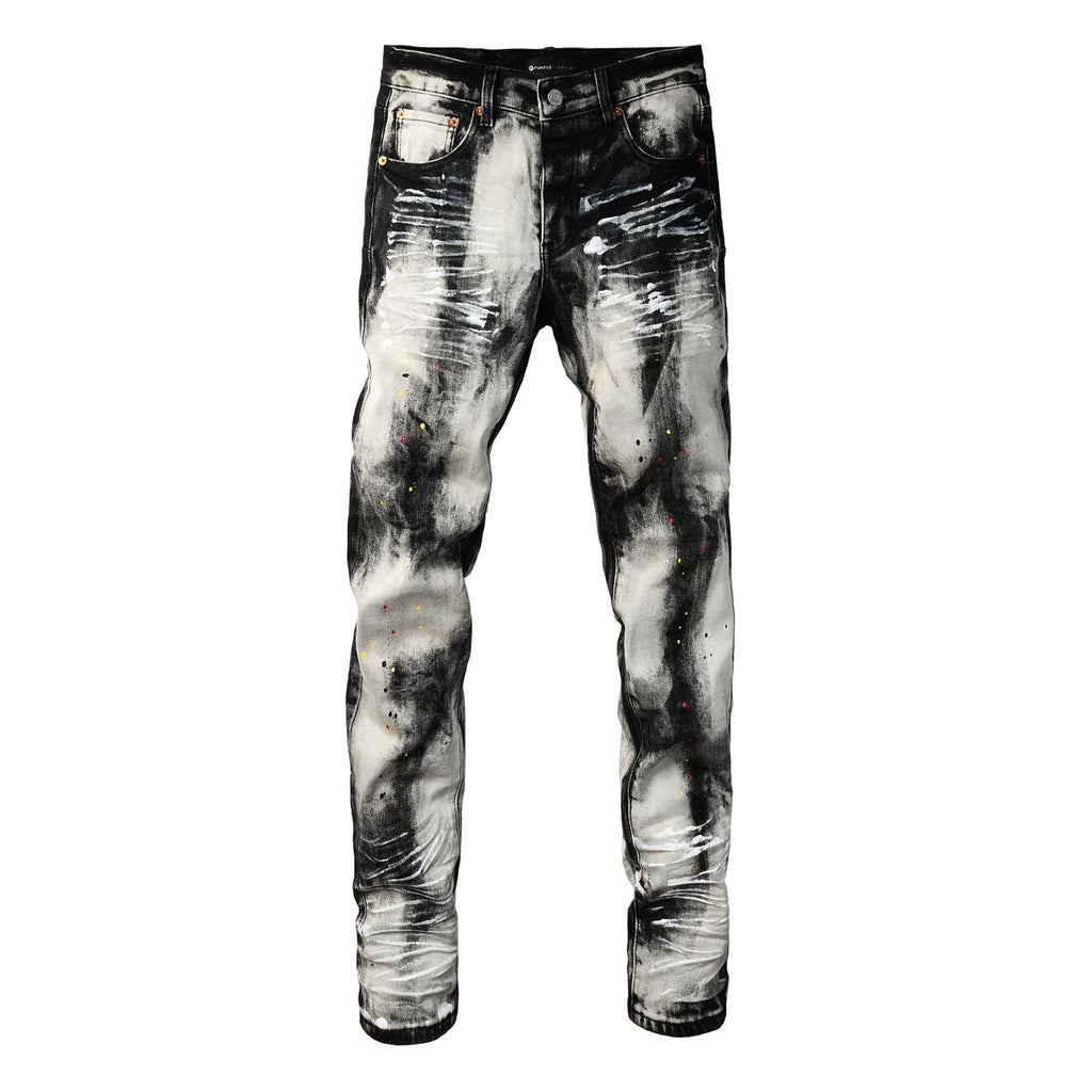 PURPLE  Men Streetwear Skinny Jeans Black and White Graffiti Wash with Multi Color Paint Splash 9111