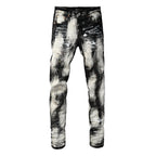 PURPLE  Men Streetwear Skinny Jeans Black and White Graffiti Wash with Multi Color Paint Splash 9111