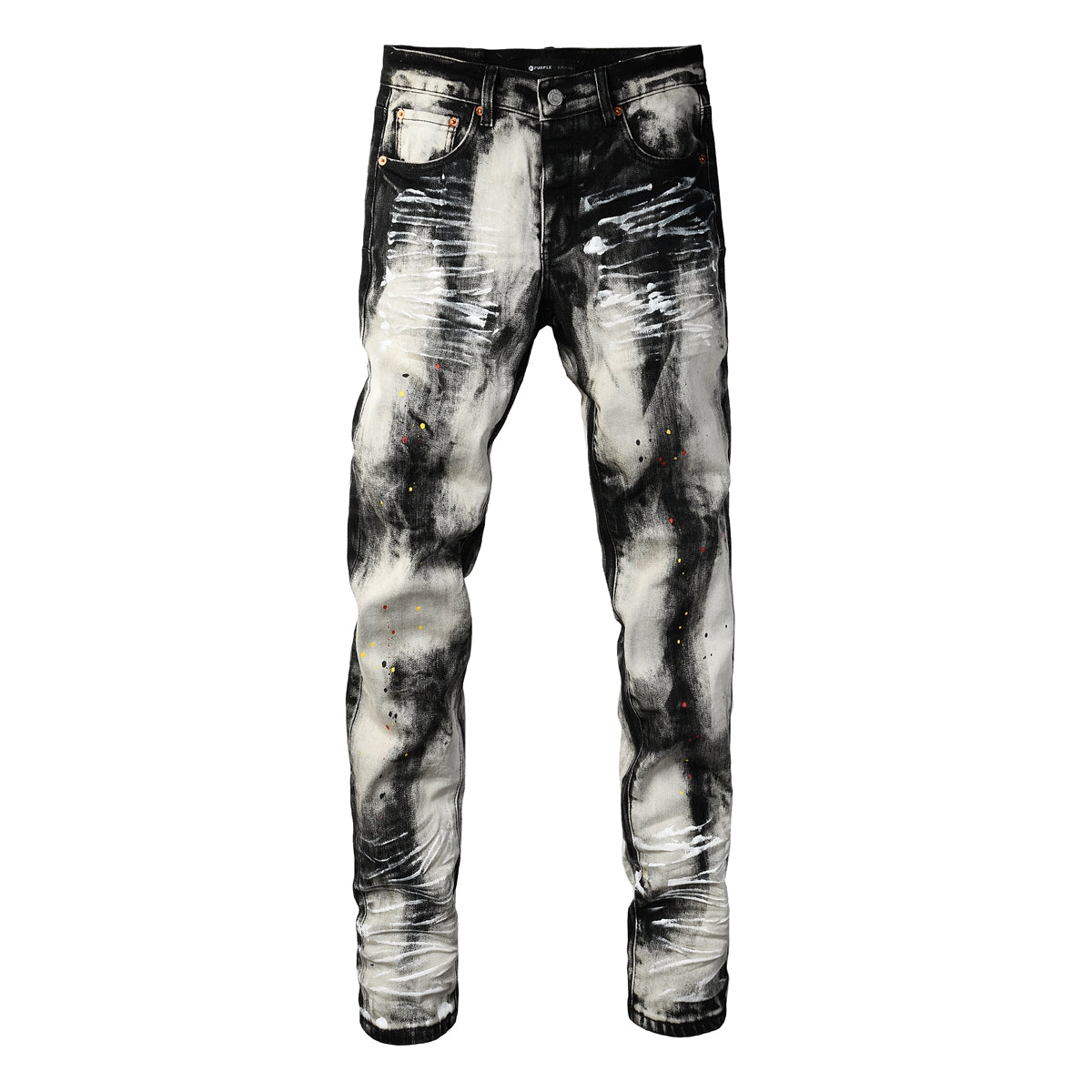 PURPLE  Men Streetwear Skinny Jeans Black and White Graffiti Wash with Multi Color Paint Splash 9111