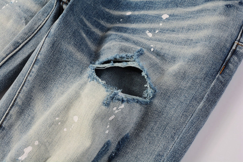 PURPLE   Men Streetwear Skinny Jeans Light Blue Wash with Heavy Distressed Rips and White Paint Splatter 9003