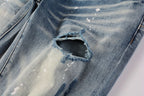 PURPLE   Men Streetwear Skinny Jeans Light Blue Wash with Heavy Distressed Rips and White Paint Splatter 9003