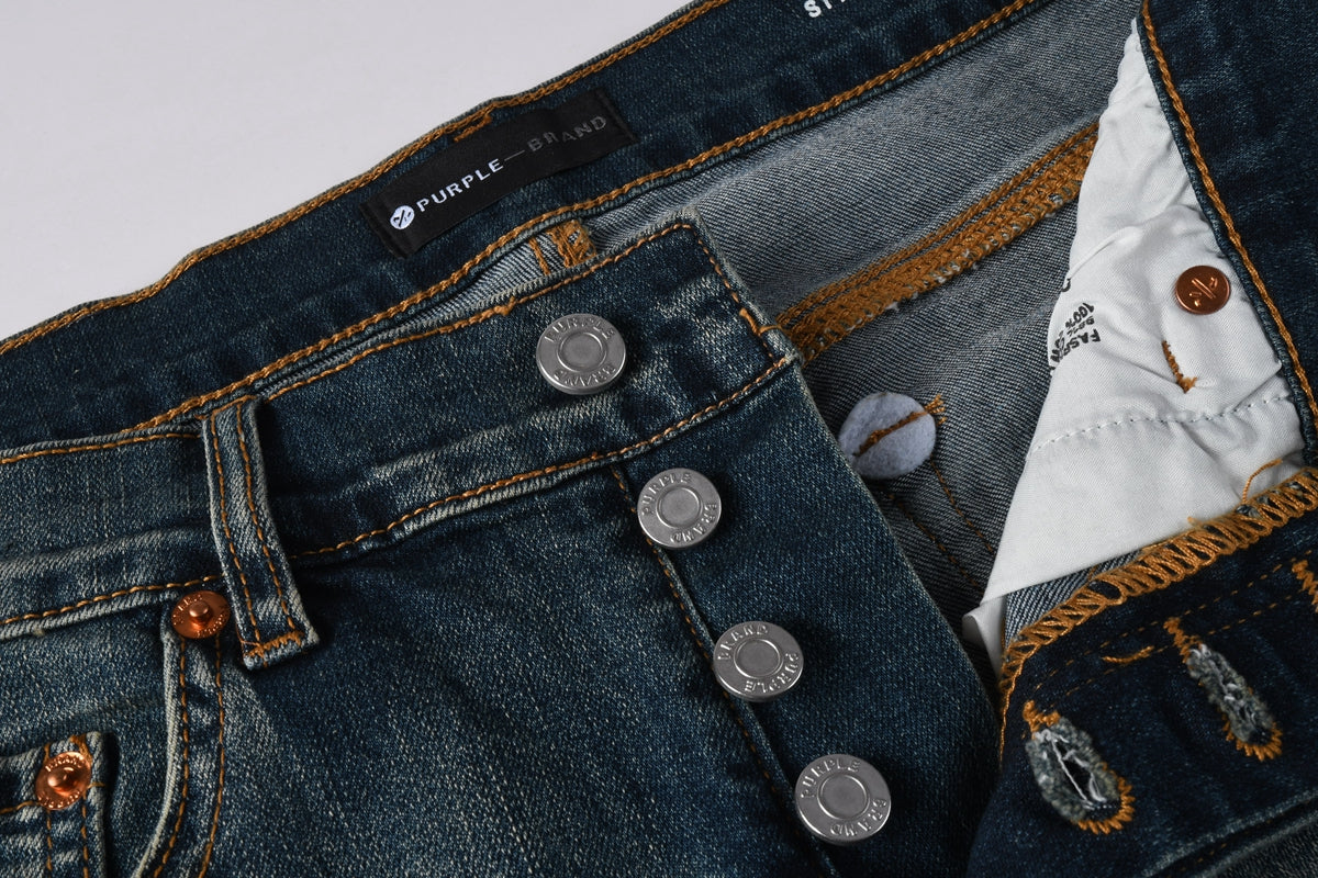 PURPLE  Men Streetwear Skinny Jeans Light Blue Wash with Red - Patched Distressed Details 9114