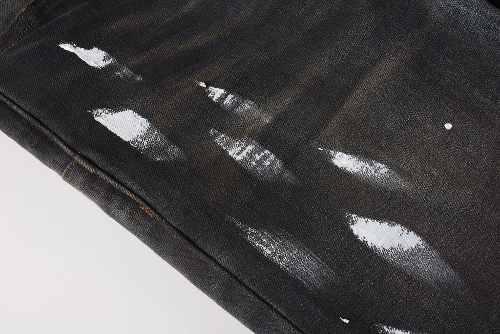 PURPLE  Men Streetwear Skinny Jeans Dark Gray Wash with White Paint Splatter and Brush Strokes 9036