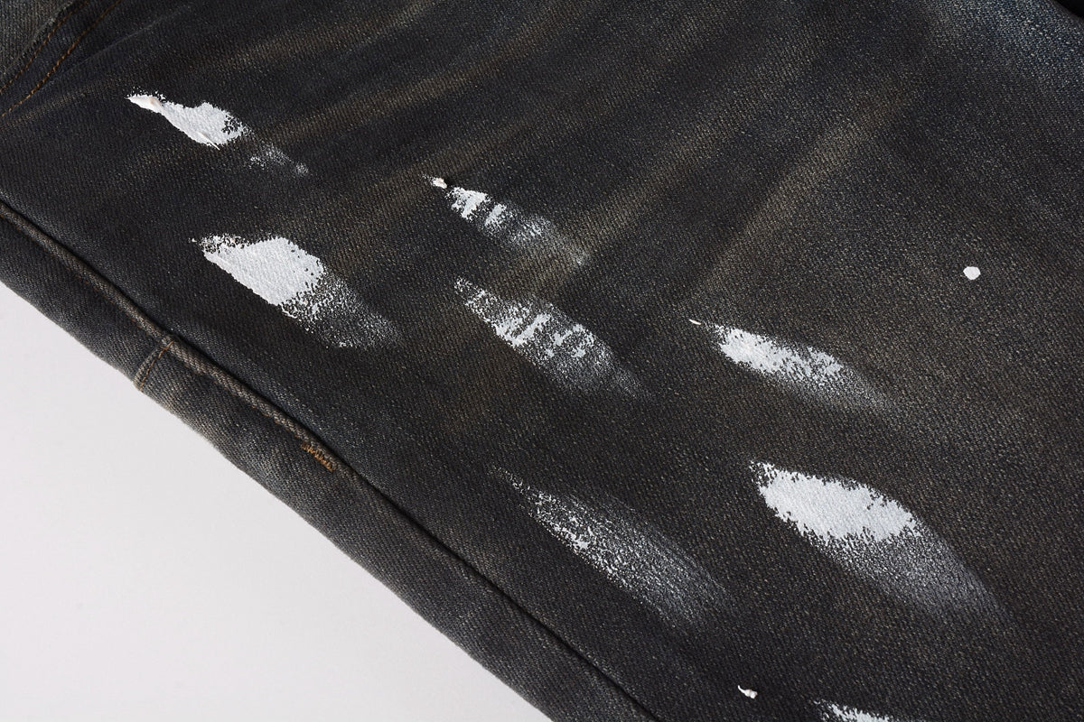 PURPLE  Men Streetwear Skinny Jeans Dark Gray Wash with White Paint Splatter and Brush Strokes 9036