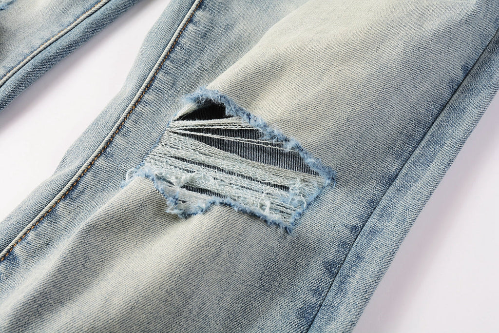 PURPLE   Men Streetwear Skinny Jeans Light Blue Wash with Subtle White Pattern Wash 9013