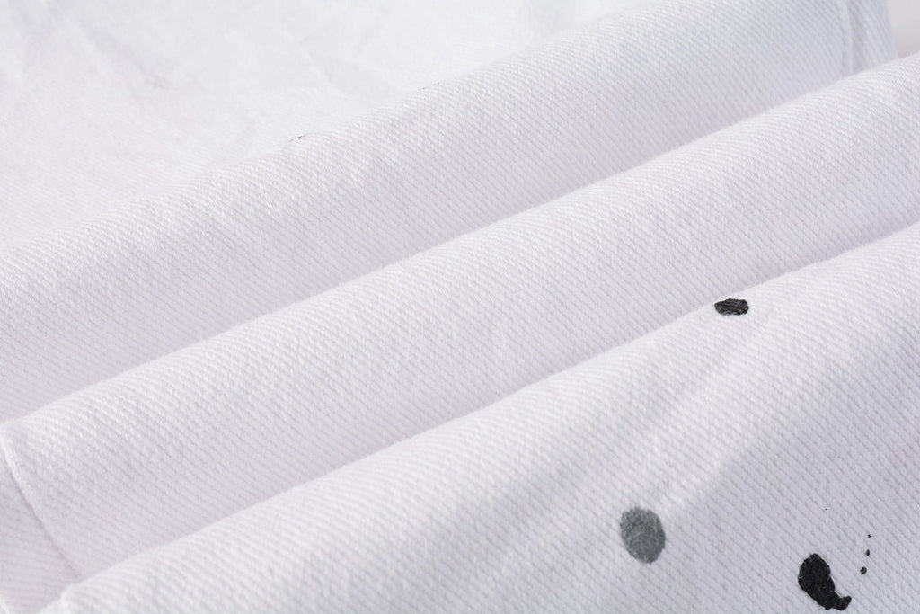 PURPLE   Men Streetwear Skinny Jeans White Wash with Black Paint Splatter and Distressed Rip 9021