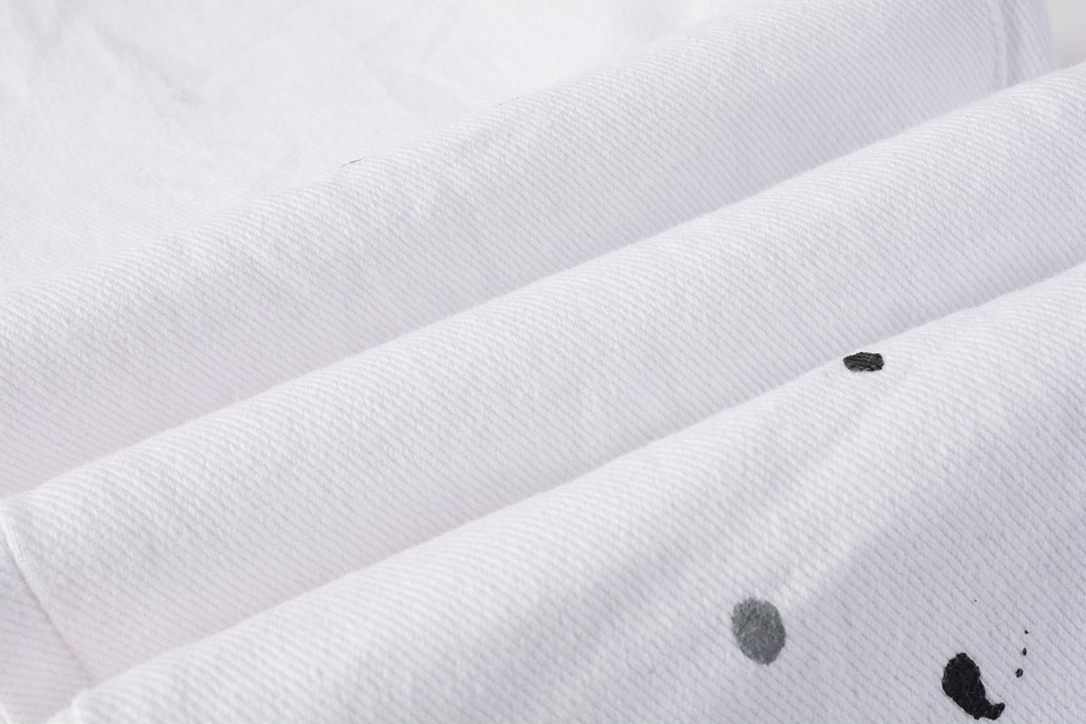 PURPLE   Men Streetwear Skinny Jeans White Wash with Black Paint Splatter and Distressed Rip 9021