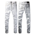 PURPLE  Men Streetwear Jeans Metallic Silver Coated Finish with Futuristic Shine Skinny Fit Statement 9110