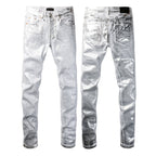 PURPLE  Men Streetwear Jeans Metallic Silver Coated Finish with Futuristic Shine Skinny Fit Statement 9110