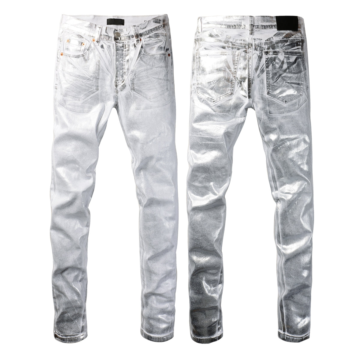 PURPLE  Men Streetwear Jeans Metallic Silver Coated Finish with Futuristic Shine Skinny Fit Statement 9110