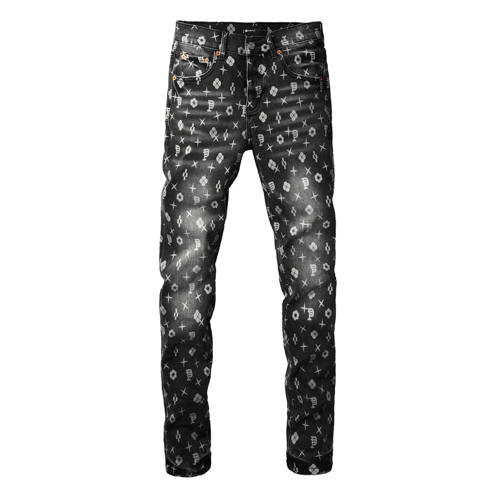 PURPLE  Men Classic Street Skinny Jeans Dark Grey Monogram Print All Over Distressed Style 9112