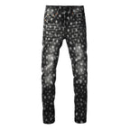 PURPLE  Men Classic Street Skinny Jeans Dark Grey Monogram Print All Over Distressed Style 9112