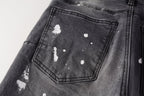 PURPLE  Men Streetwear Skinny Jeans Dark Gray Wash with Knee Rips and White Paint Splatter 9039