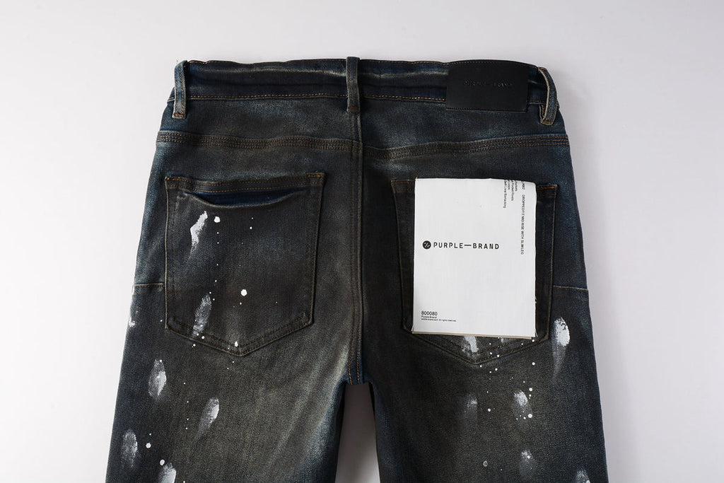 PURPLE  Men Streetwear Skinny Jeans Dark Gray Wash with White Paint Splatter and Brush Strokes 9036