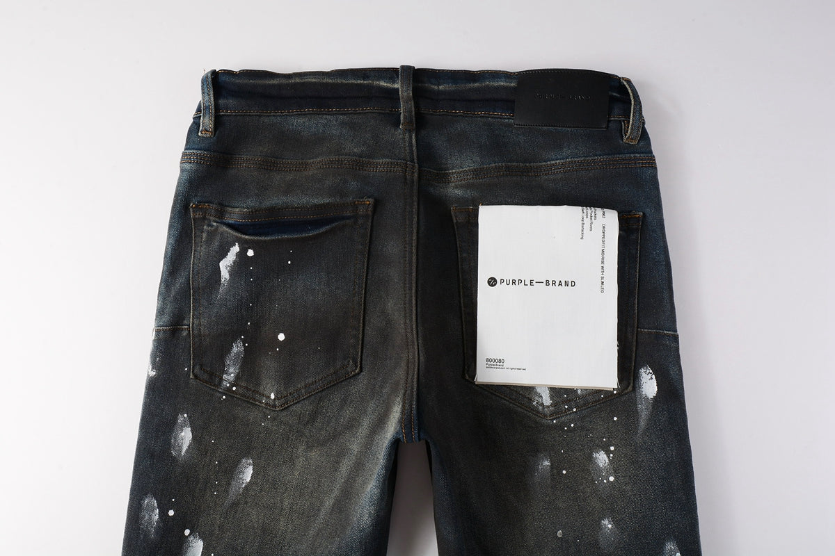 PURPLE  Men Streetwear Skinny Jeans Dark Gray Wash with White Paint Splatter and Brush Strokes 9036