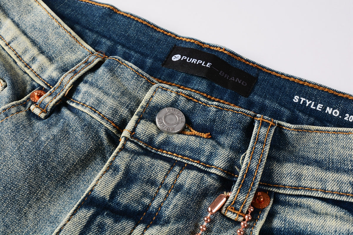 PURPLE  Men Streetwear Skinny Jeans Light Blue Wash with Blue Patched Rips and White Paint Splatter 9050-1