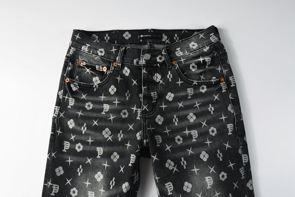 PURPLE  Men Classic Street Skinny Jeans Dark Grey Monogram Print All Over Distressed Style 9112