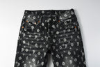 PURPLE  Men Classic Street Skinny Jeans Dark Grey Monogram Print All Over Distressed Style 9112