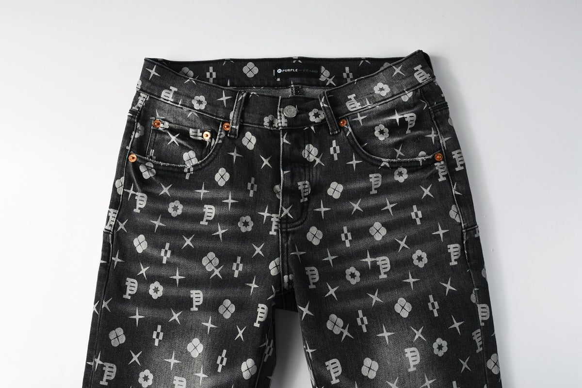 PURPLE  Men Classic Street Skinny Jeans Dark Grey Monogram Print All Over Distressed Style 9112