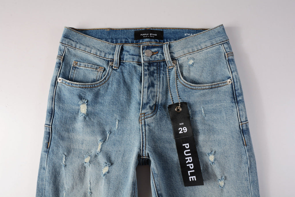 PURPLE   Men Streetwear Skinny Jeans Light Blue Wash with Subtle Distressed Ripped Details 9075