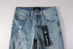 PURPLE   Men Streetwear Skinny Jeans Light Blue Wash with Subtle Distressed Ripped Details 9075