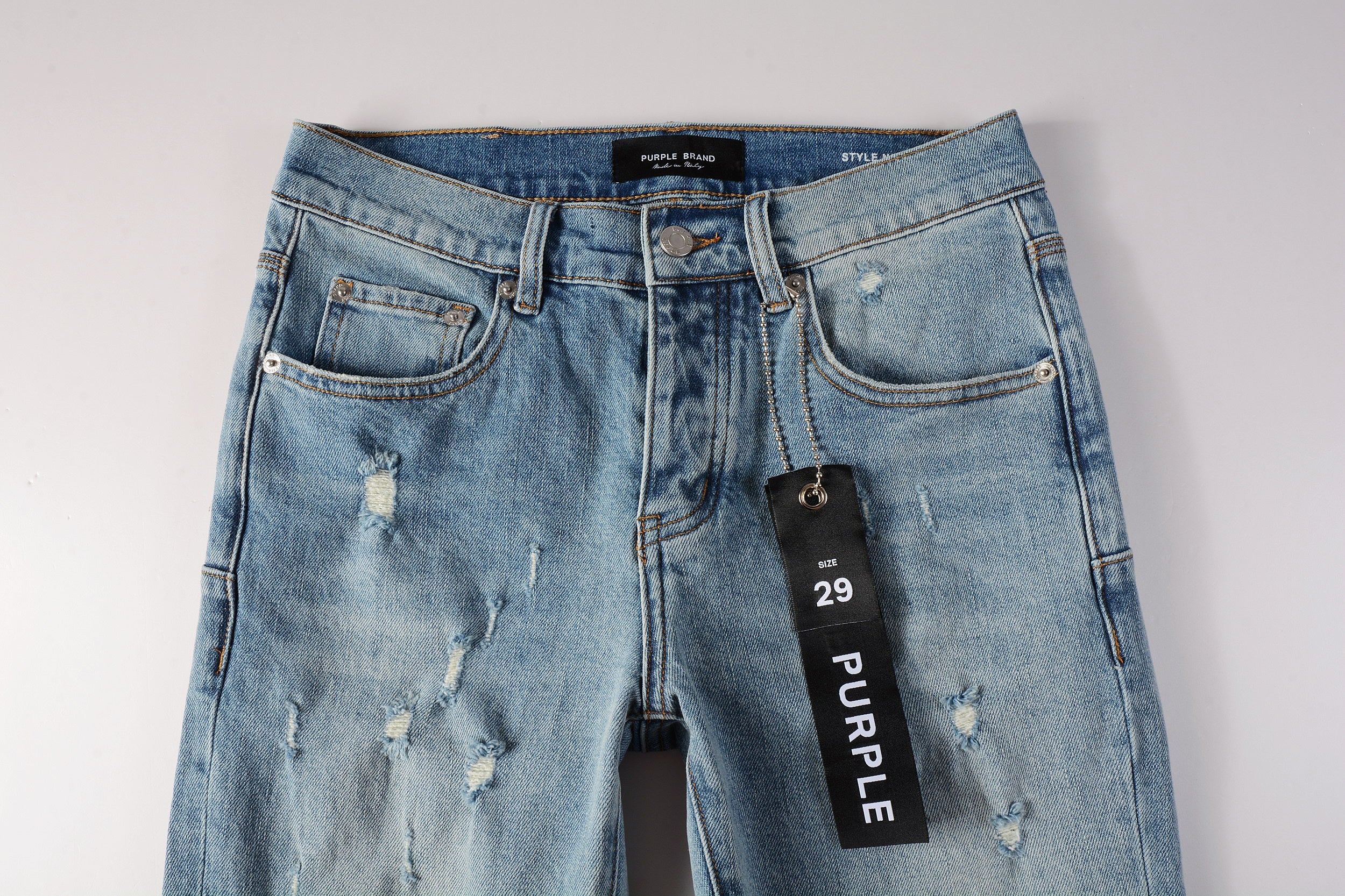 PURPLE   Men Streetwear Skinny Jeans Light Blue Wash with Subtle Distressed Ripped Details 9075