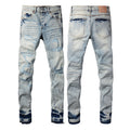 PURPLE  Men Streetwear Jeans Distressed Light Blue Abstract Ripped skinny 9093